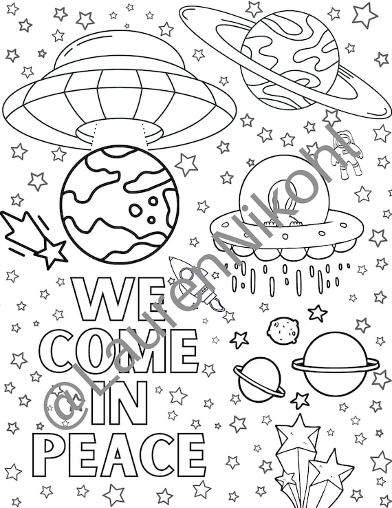 We e in peace coloring page digital download aliens space extraterrestrials galaxy planets printable coloring book page