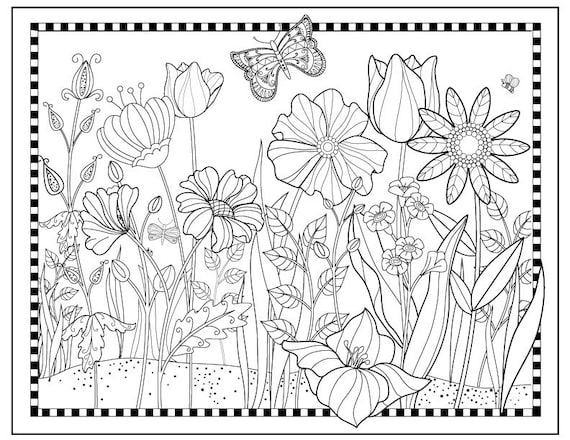 Printable flower garden coloring pageflowers to color magical gardenpretty floral butterfly art digital download fun to color