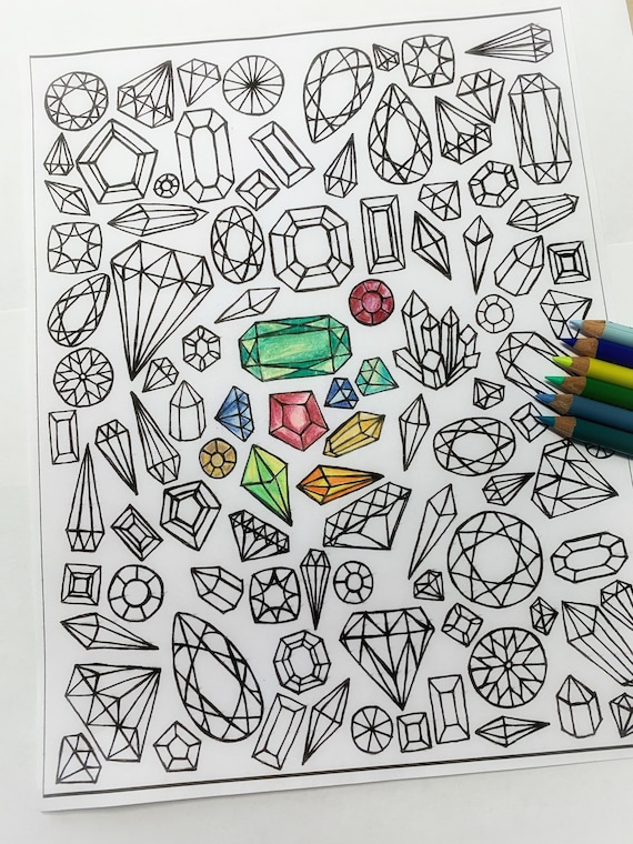 Gemstones printable coloring page crystals and gemstones line art design digital download adult coloring handdrawn crystal coloring page