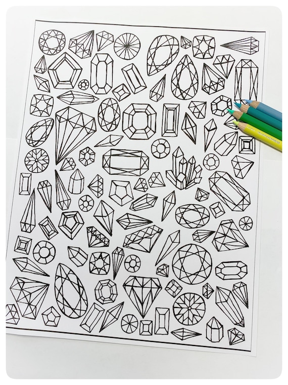 Gemstones printable coloring page crystals and gemstones line art design digital download adult coloring handdrawn crystal coloring page
