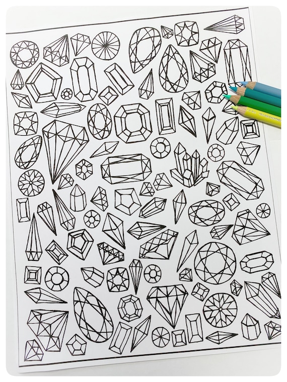 Gemstones printable coloring page crystals and gemstones line art design digital download adult coloring handdrawn crystal coloring page