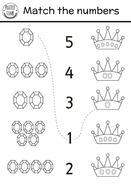Premium vector match the numbers game with crown gem stones black and white fairytale math activity for preschool children magic kingdom educational printable counting worksheet or coloring pagexa