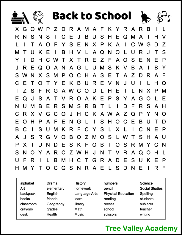 Challenging back to school word search for kids