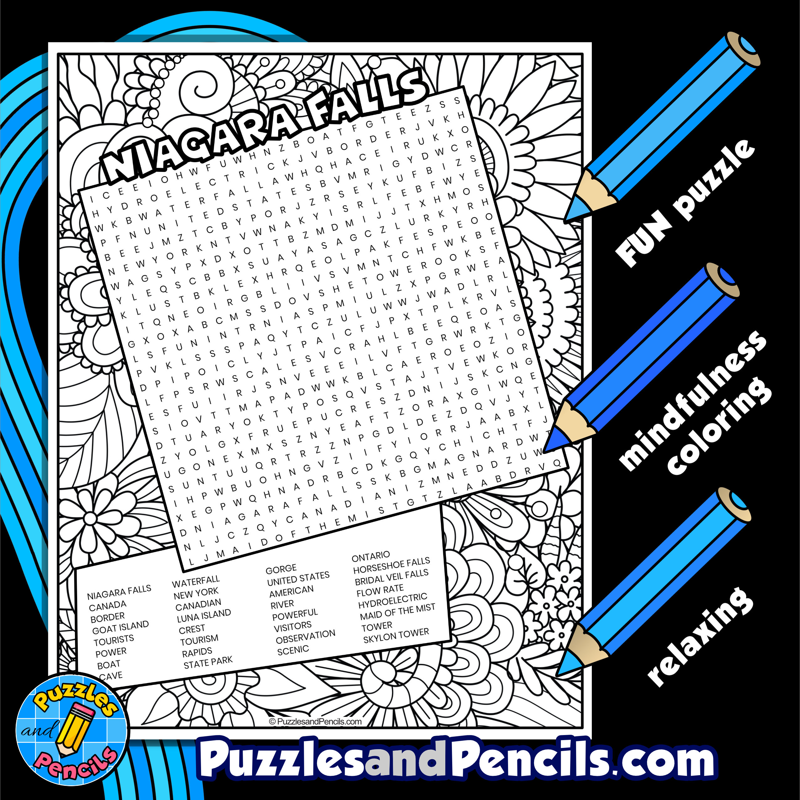 Niagara falls word search puzzle with coloring us tourist attractions wordsearch made by teachers