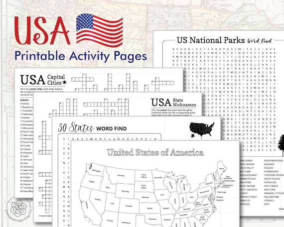Usa activity printables pack kids geography activities homeschool road trip game educational crossword puzzle word search coloring