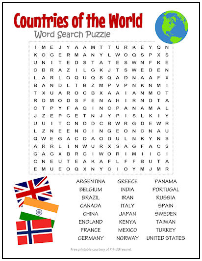 Countries of the world word search puzzle print it free