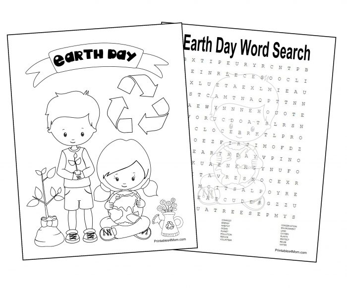Earth day coloring page and word search