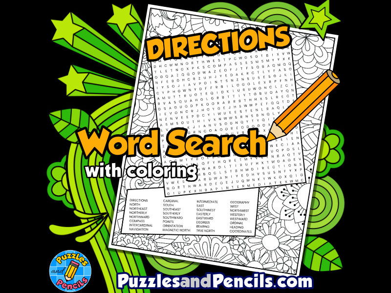Directions word search puzzle with colouring geography teaching resources