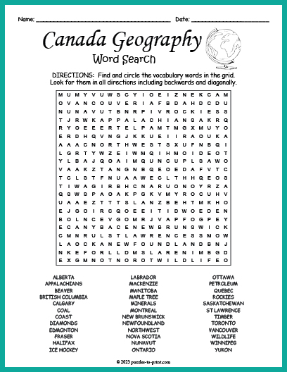 Canada geography word search