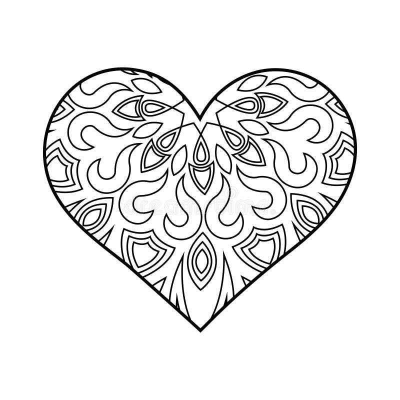 Vector heart shape coloring page line art geometric and floral ornaments in the heart stock vector