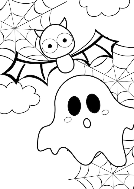 Premium vector halloween ghost and bat coloring pages a for kids and adult