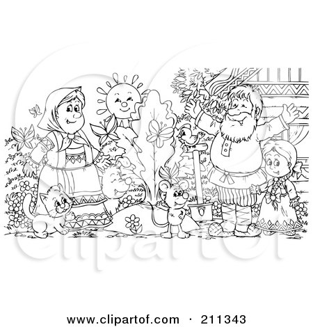 Coloring page outline of a happy family by a giant turnip posters art prints by
