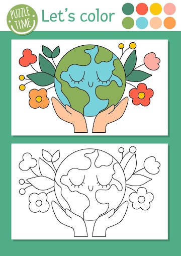 Premium vector ecological coloring page for children with planet vector eco awareness outline illustration with cute earth color book for kids with colored example drawing skills printable worksheet