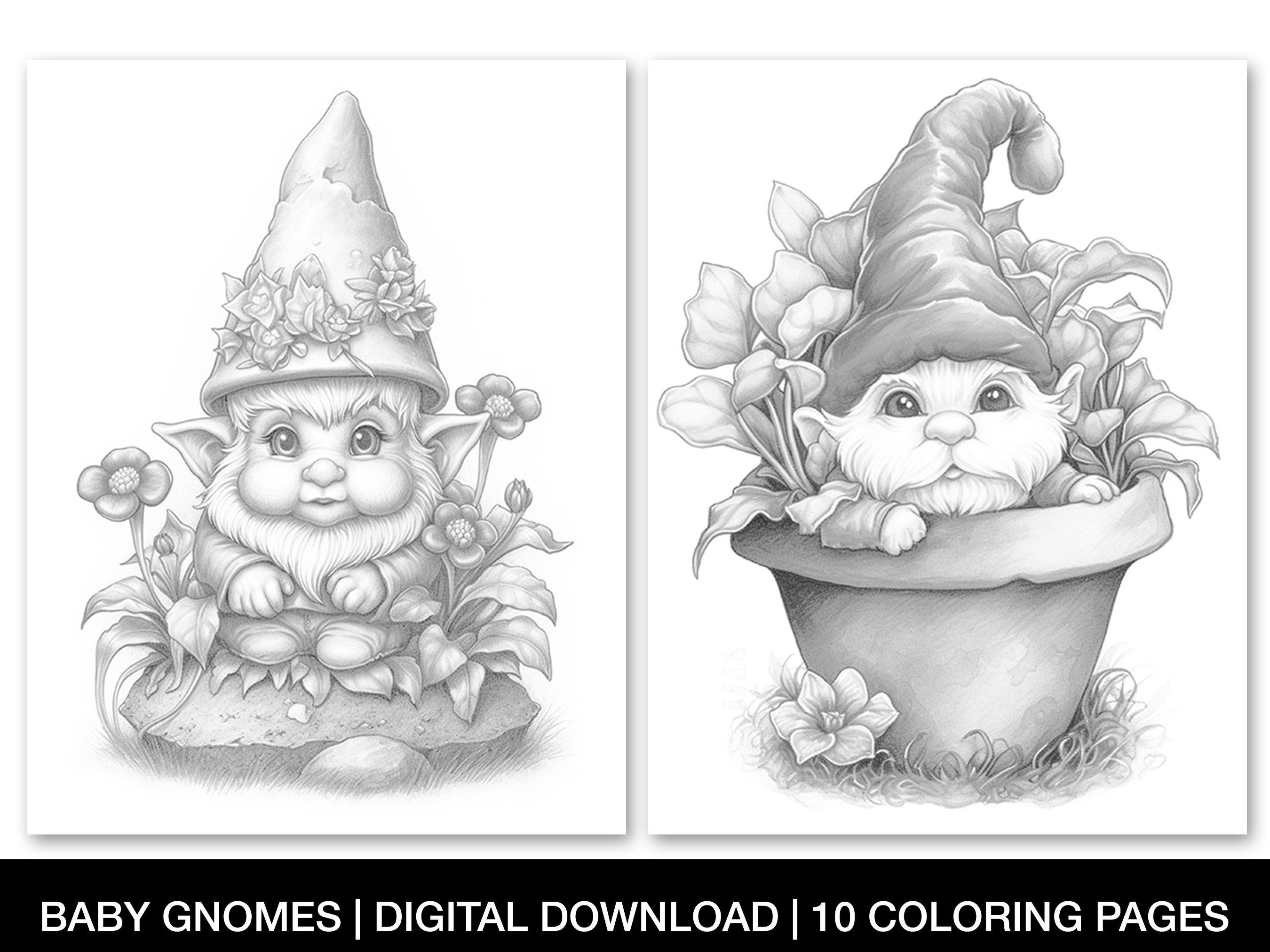 Cute baby gnomes coloring pages for adults printable grayscale colouring pages fantasy baby gnomes coloring sheets instant download
