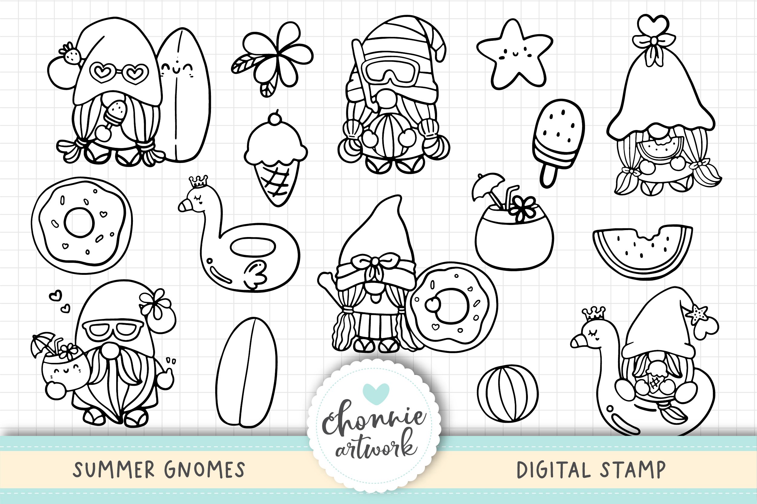 Summer gnomes digital stamps coloring page