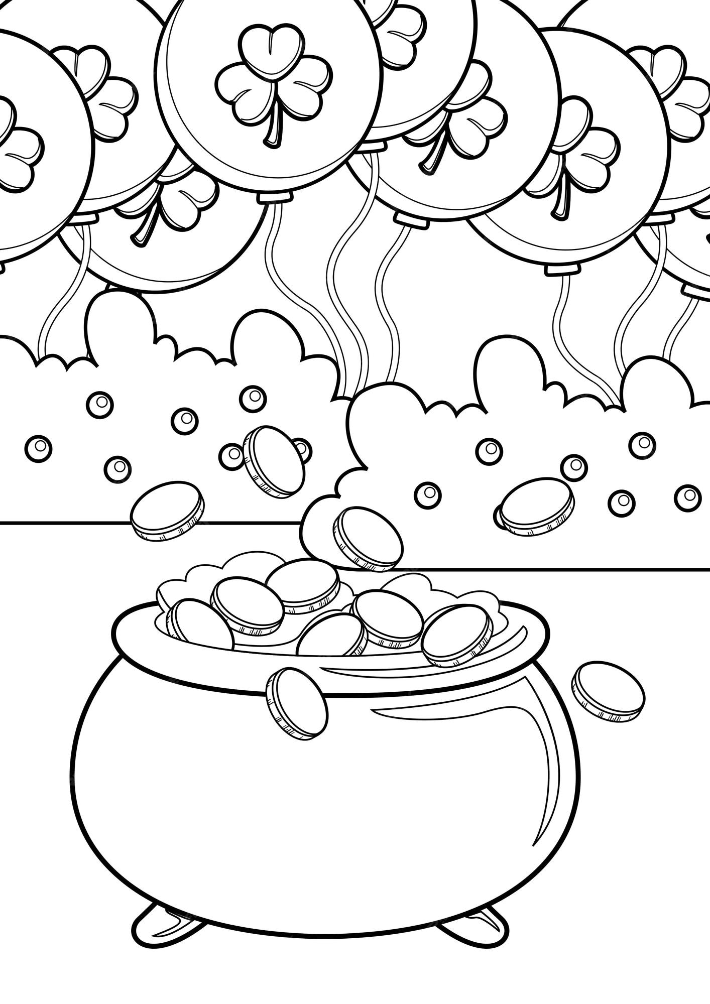 Premium vector pot of gold coins coloring for kids and adult