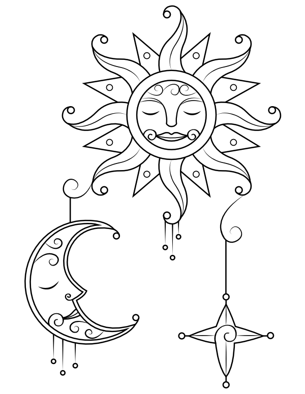 Printable vintage sun moon and star coloring page