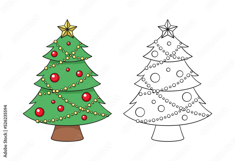 Christmas tree with fairy lights ornaments and golden star cartoon illustration colored and outline set coloring book page printable activity worksheet for kids vector