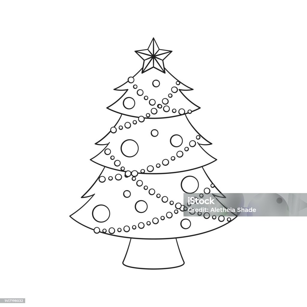Christmas tree with fairy lights ornaments and golden star line art cartoon illustration coloring book page printable activity worksheet for kids stock illustration