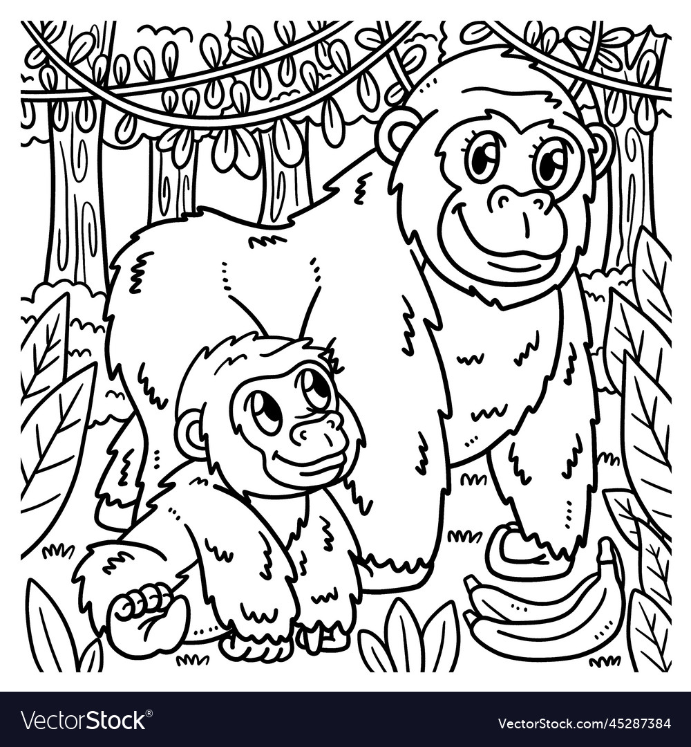 Mother gorilla and baby coloring page royalty free vector