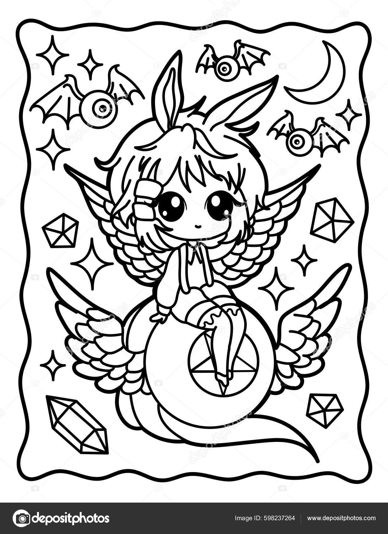 Cute witch wings cool coloring book kids chibi gothic coloring stock vector by meineillustrations