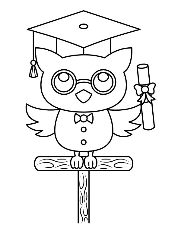 Printable graduation owl on perch coloring page