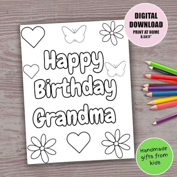 Happy birthday grandma printable coloring page for kids colouring page cute diy handmade card gift for grandmafrom grandson granddaughetr