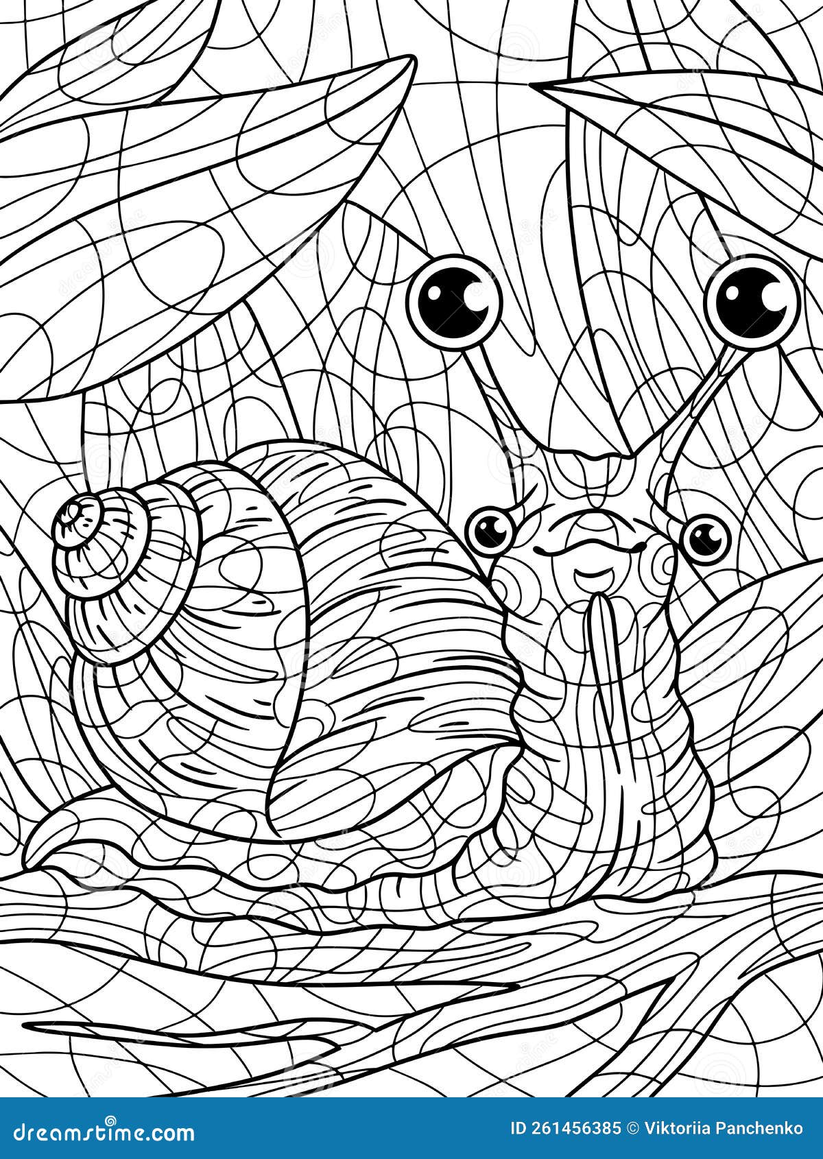 Four eyed snail in the grass freehand sketch for adult antistress coloring page with doodle and zentangle elements stock illustration