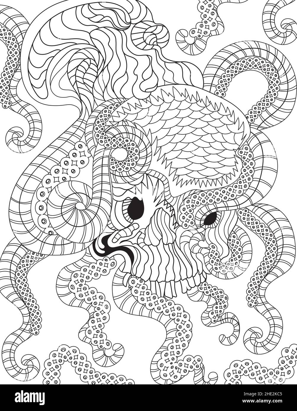 Octopus holding skull underwater surrounded with sea grass line drawing for coloring book stock vector image art