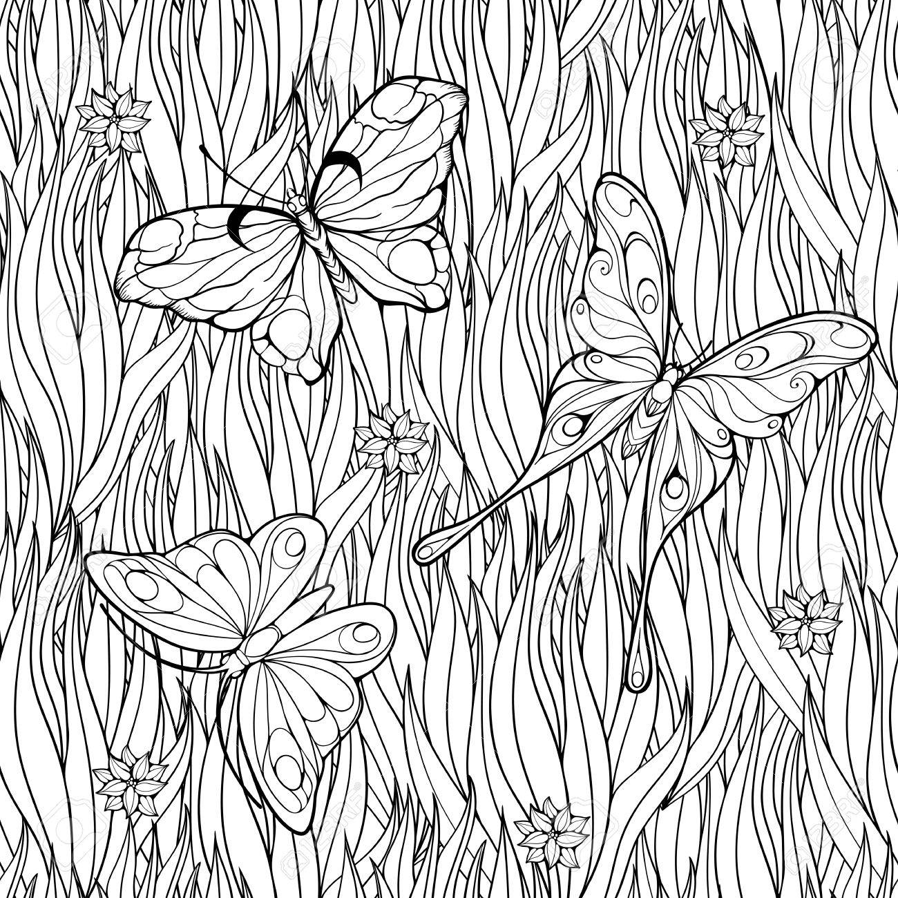 Coloring page with butterflies flying above grass and flowers seamless pattern royalty free svg cliparts vectors and stock illustration image