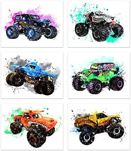 Monster jam trucks posters wall art prints car posters for boys room x set of unframed kids watercolor cartoon monster truck bedroom decor color racing vehicle picture teens toddler baby