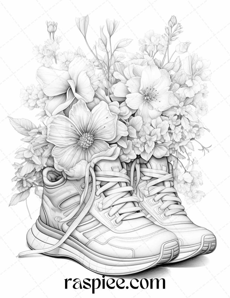 Flower sneakers grayscale coloring pages printable for adults pdf in grayscale coloring coloring pages for grown ups detailed coloring pages