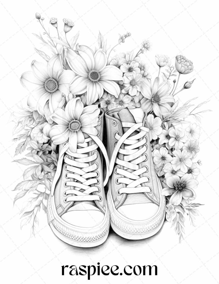 Flower sneakers grayscale coloring pages printable for adults pdf grayscale coloring grayscale coloring books coloring book art