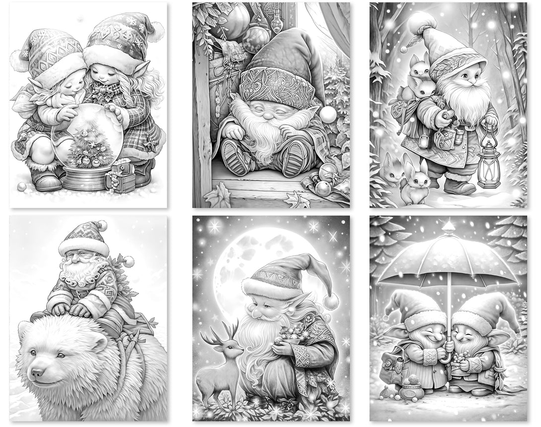 Winter gnomes grayscale coloring pages