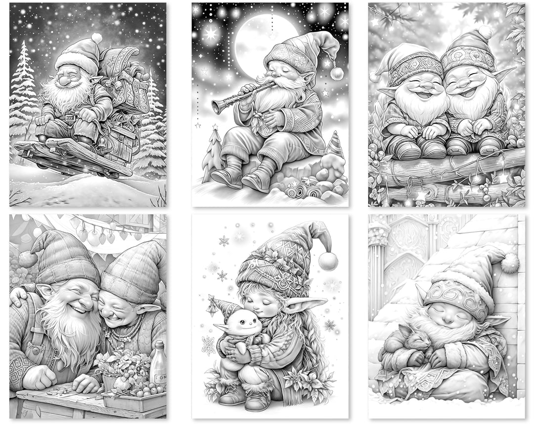 Winter gnomes grayscale coloring pages