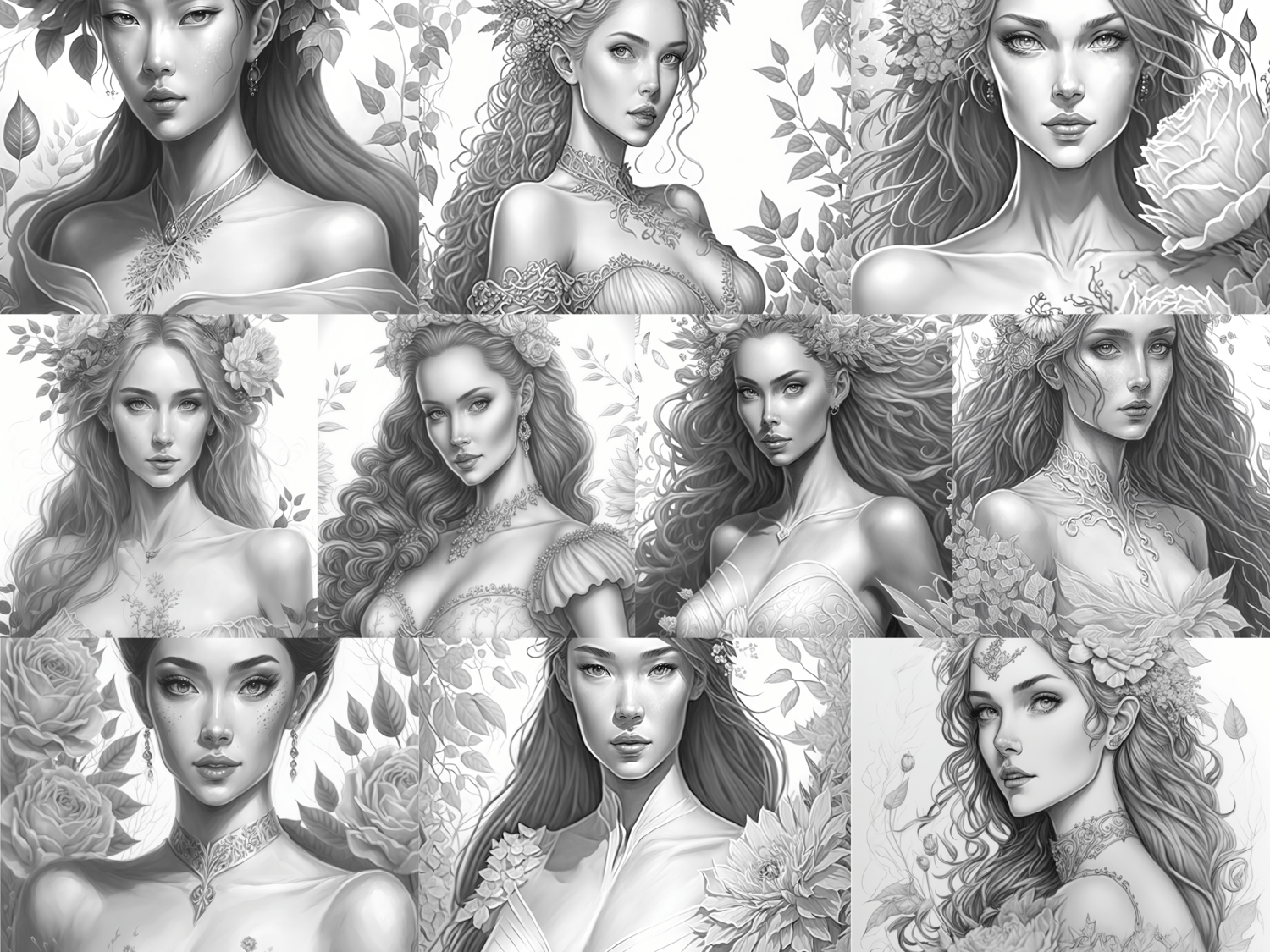 Floral princess vol coloring pages printable adult coloring pages download grayscale illustration printable