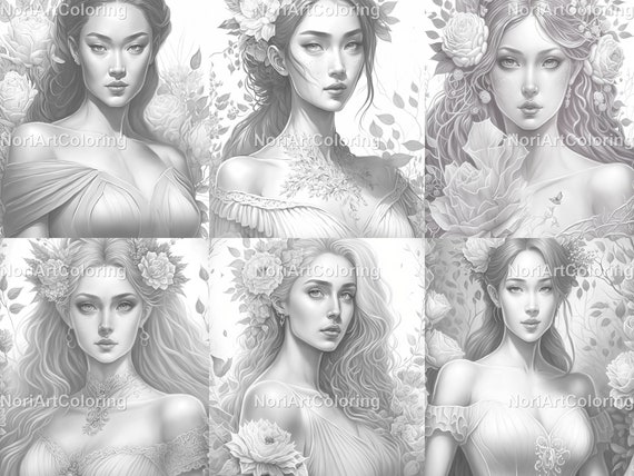 Floral princess grayscale coloring pages printable adult coloring pages download grayscale illustration printable