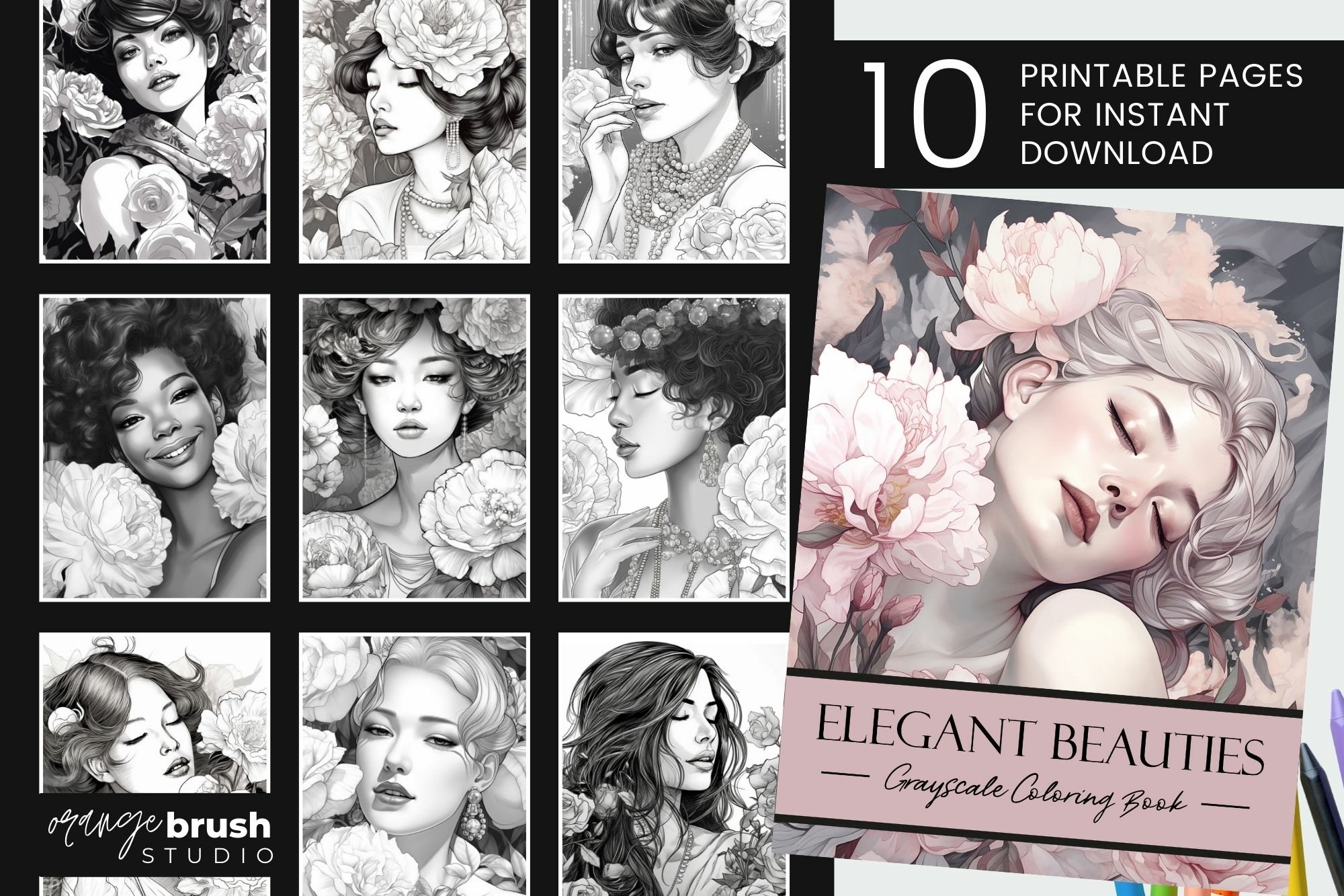 Women printable adult coloring book greyscale cloring pages