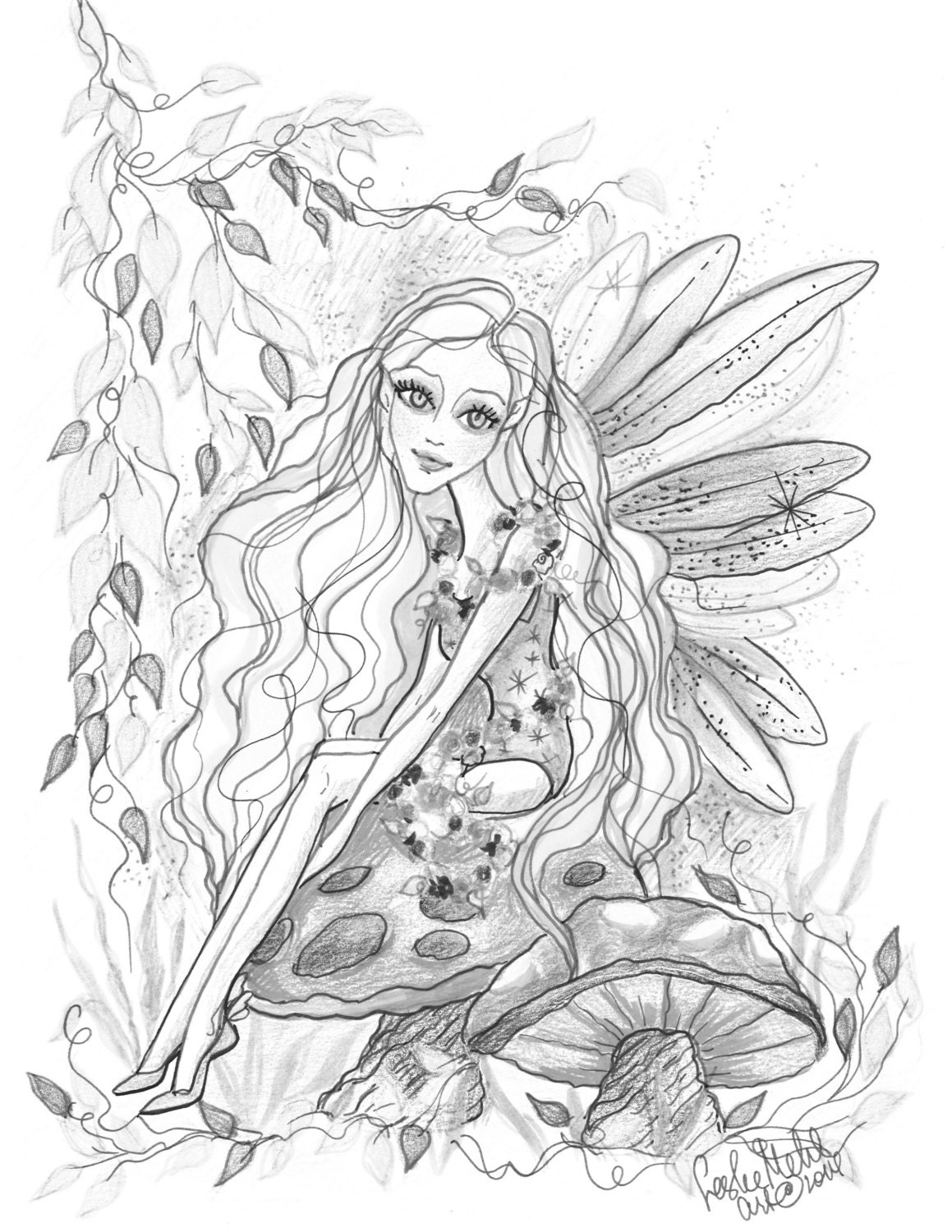 Adult coloring page grayscale coloring page printable coloring page digital download fantasy art mushroom fairy by leslie mehl art instant download