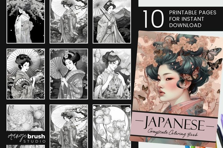 Japanese geisha coloring book grayscale coloring pages