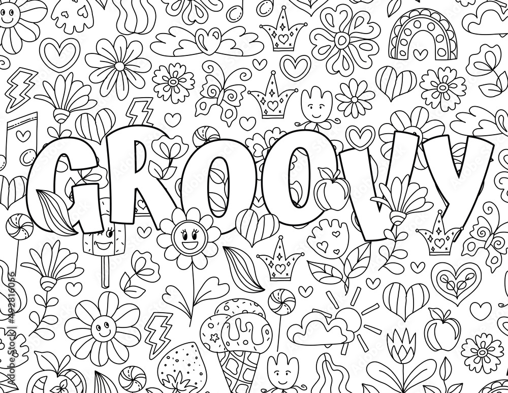 Peace good vibes positive groovy hand drawn coloring pages for kids and adults beautiful drawings with patterns motivational quotes coloring book pictures with blooming flowers smiles vector