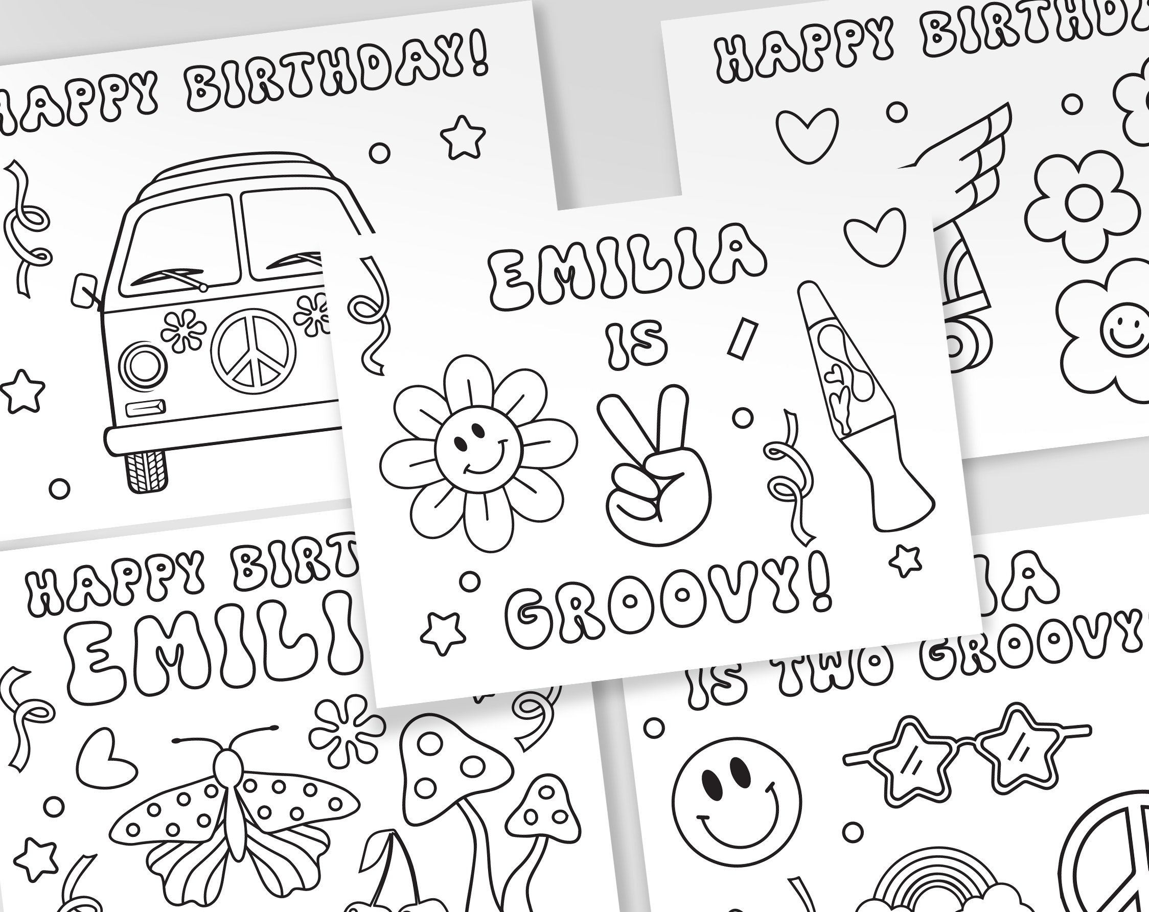 Printable two groovy coloring pages nd birthday party coloring pages personalized party favors two groovy hippie theme set of sheets