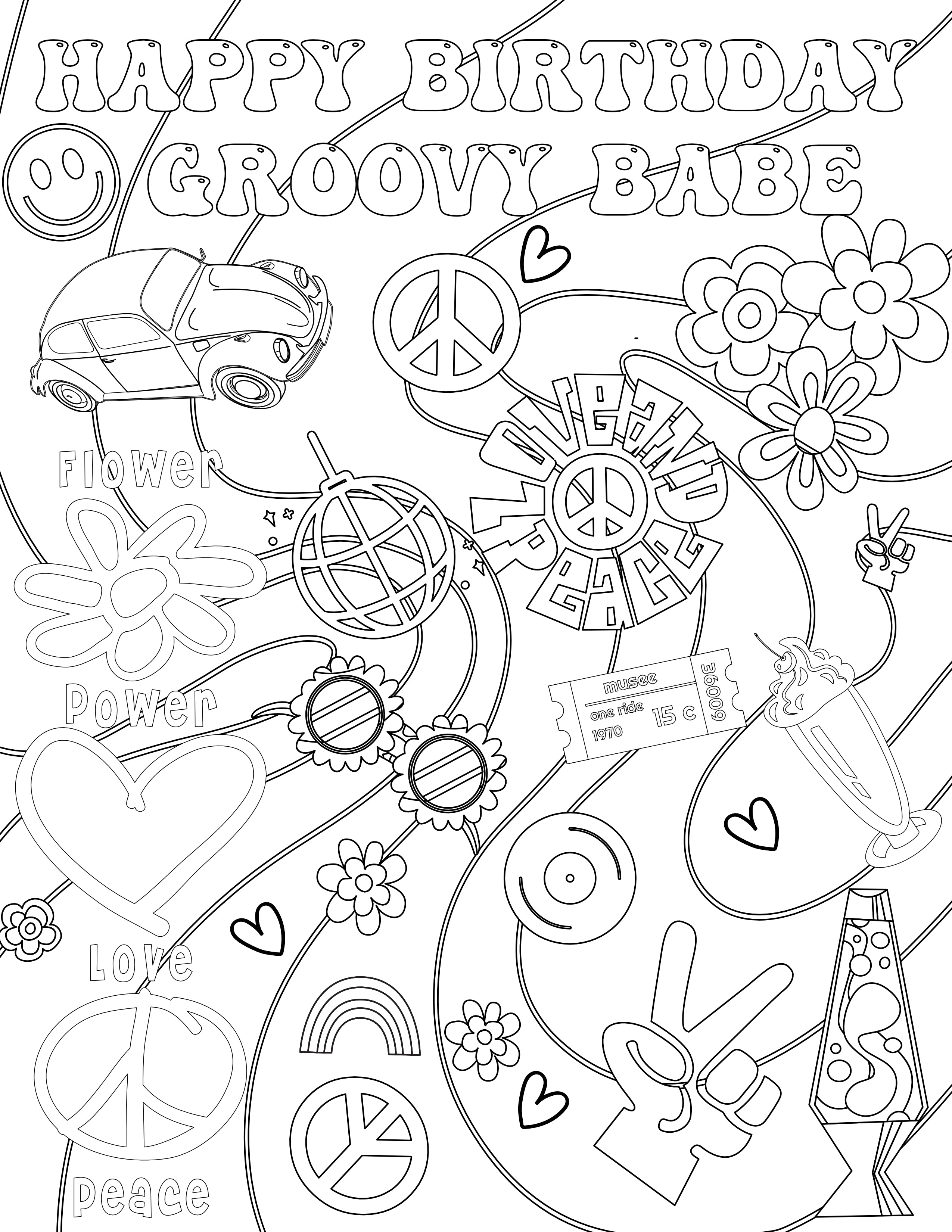 Groovy babe birthday coloring page â creative crayons workshop