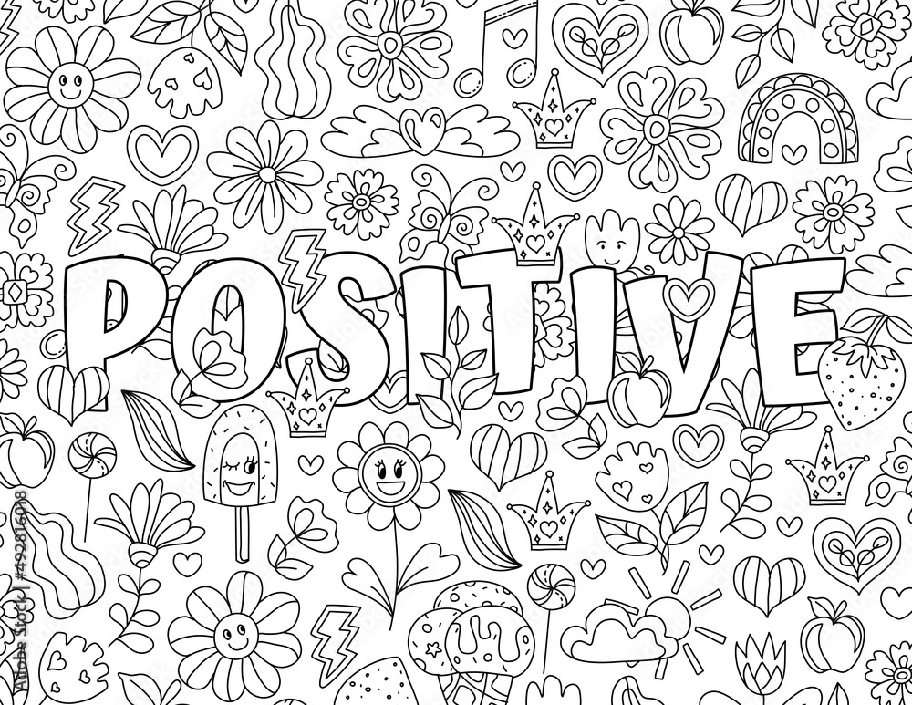 Peace good vibes positive groovy hand drawn coloring pages for kids and adults beautiful drawings with patterns motivational quotes coloring book pictures with blooming flowers smiles vector