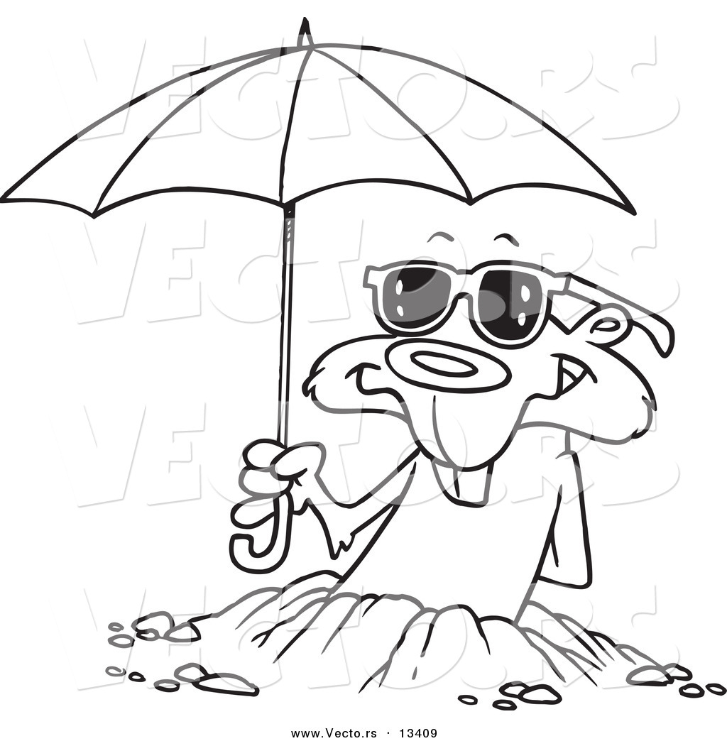 R of a cartoon groundhog emerging with shades and an umbrella