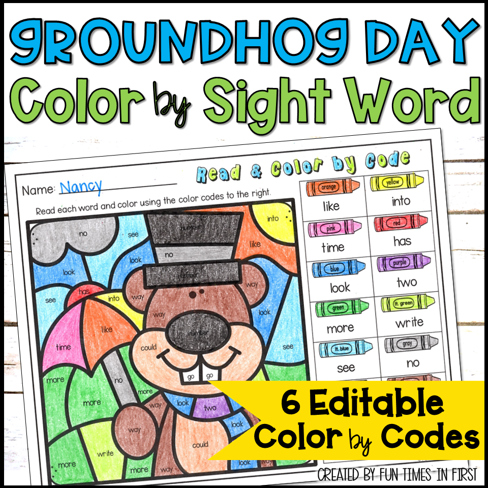 Groundhog day color by sight word coloring pages
