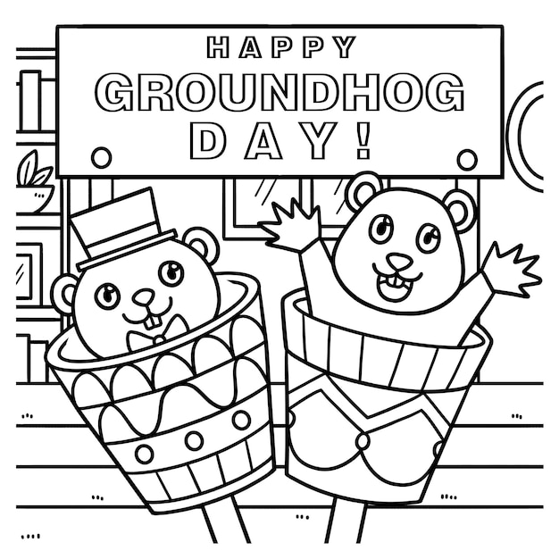 Premium vector happy groundhog day coloring page for kids