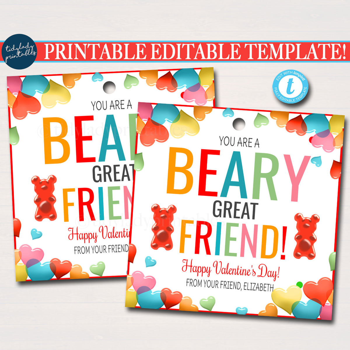Editable valentine gummy bear gift tags printables