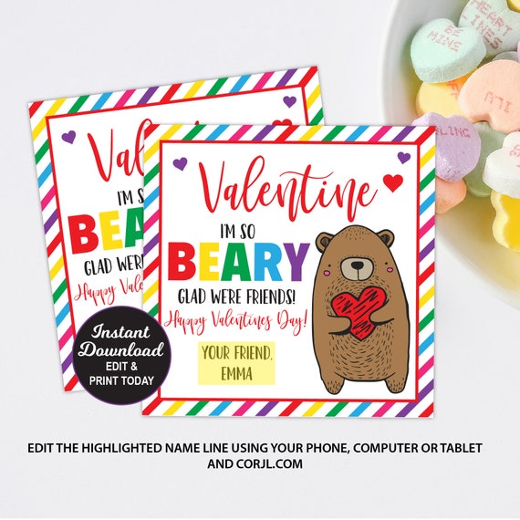 Gummy bear valentines day printable tag gummy valentine bear valentine tag class valentine kids valentines instant download