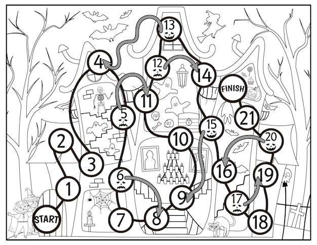 Premium vector halloween black and white board game for children with haunted house and cute children educational line boardgame with bat skeleton ghost help the children go through the spooky cottage